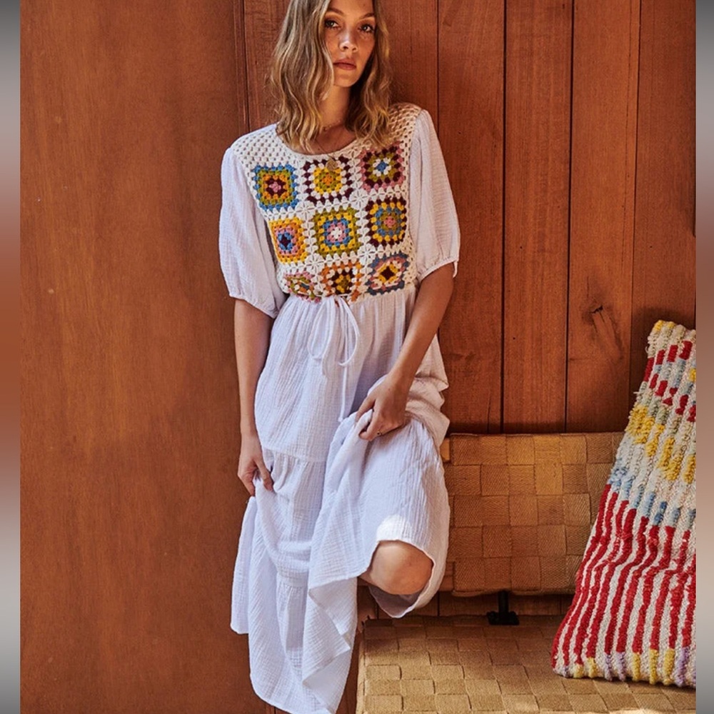 Ghanda White Maxi Dress with Colorful Crochet Detail